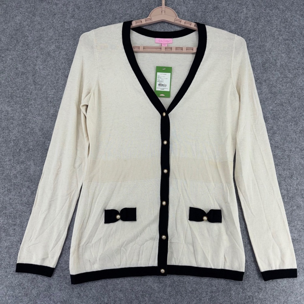 Lilly Pulitzer Cody Cardigan Sweater Cameo White Black Bow Silk Cotton Large
